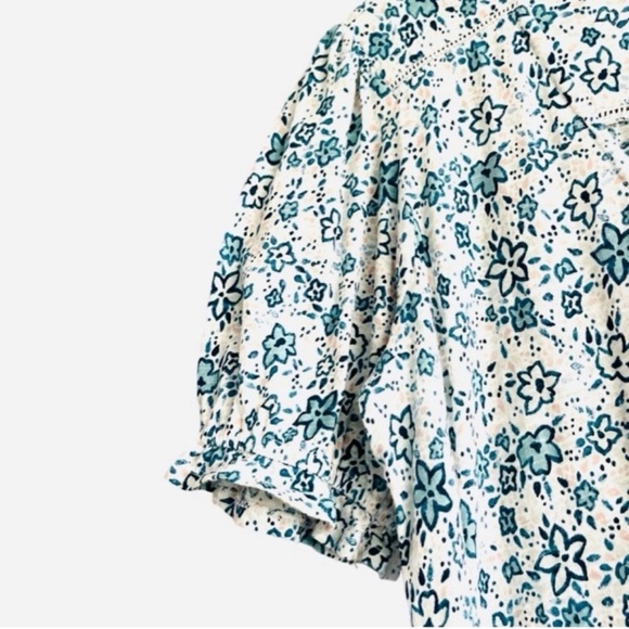 Lucky Brand Ruffle Hem Blouse Puff Sleeve V-neck Floral Teal Blue Green Size S - Picture 5 of 12